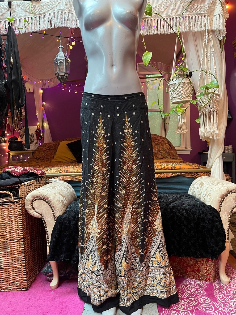 Boho Hippie wide leg palazzo peacock feather pants